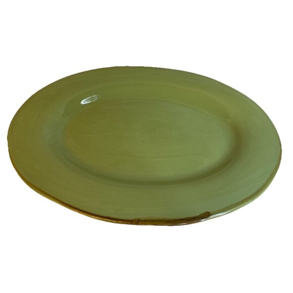 La Ceramica Large Oval Green Ceramic Serving Platter 15” X 11” Italy Brown Rim - Picture 1 of 8